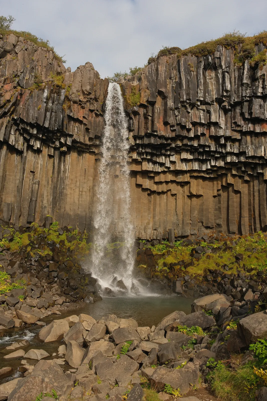 A towering waterfall cascades over dark basalt columns in Iceland's rugged landscape.